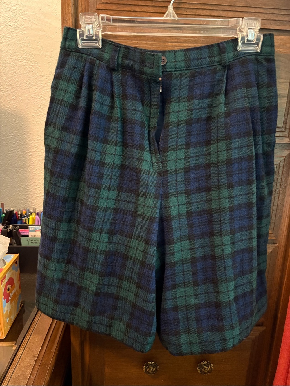 1980's Petite Vintage Green and Navy Tartan Plaid Wool Shorts